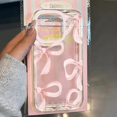 Transparent Phone Case For iPhone 16 16e 15 14 13 12 Mini 11 Pro Max X XR XSMax 7 8 Plus SE 2020 Pink Bow Knot Soft Back Cover