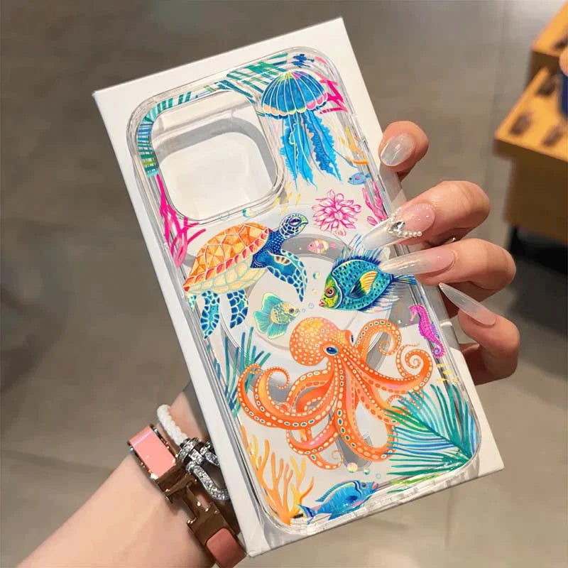 Clear Case For iPhone 16 15 14 13 12 11 Pro Max 7 8 Plus XS XR 16E Funda For Magsafe Ocean Octopus Turtle Fish Transparent Cover