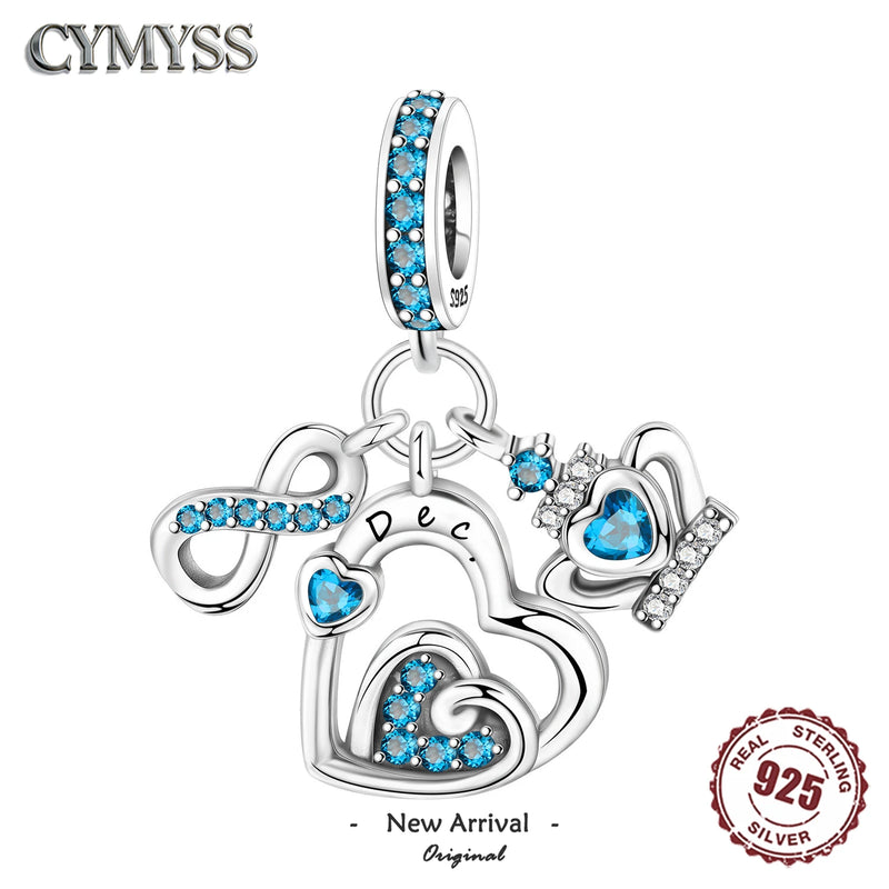 925 Sterling Silver 1-12 Month Birthstone Charm Bead