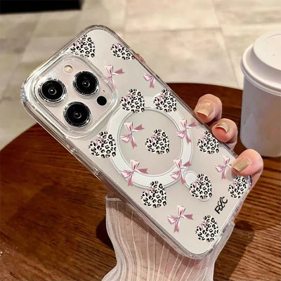 Leopard Print Heart Pink Bow Magnetic Phone Case For iPhone 17 Pro 16 15 14 13 12 11 17 Pro Max 7 8 Plus 16E 17 Air Clear Cover