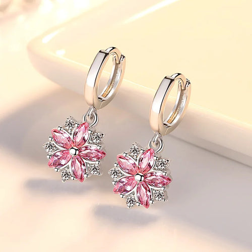 925 Sterling Silver Pink Petal Zircon Stud Earrings for Women