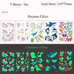 5 Sheets Luminous Tattoo Stickers Temporary Colorful Animal Dinosaur Tattoo Cute Tattoo Stickers Body Tattoo