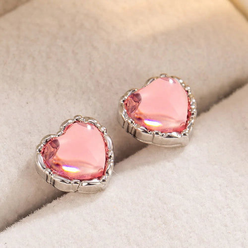 Sterling Silver Pink Zircon Heart Stud Earrings for Women - Wedding
