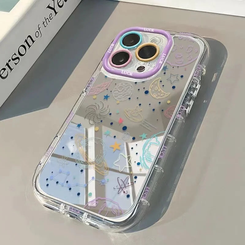 Universe Planet Mirror Phone Case For iPhone 17 Pro 16 15 14 13 12 11 Pro Max 7 8 Plus XR X XS Max 16E Transparent Border Cover