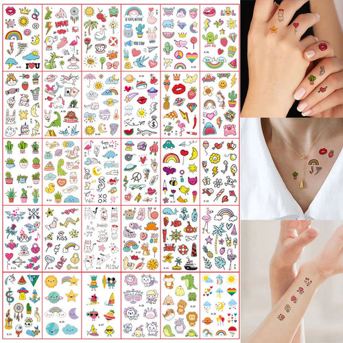 30 Sheets Cute Cartoon Temporary Tattoos for Hands Waterproof Tattoo Stickers Rainbow Fruit Moon Fake Finger Tattoo