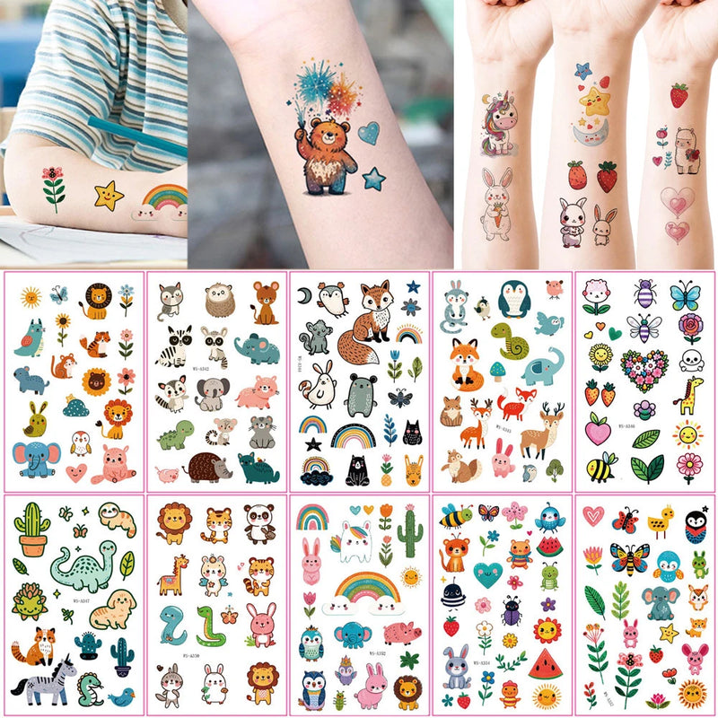10pcs Cartoon Tattoo Stickers Waterproof Temporary Tattoos Flower Dinosaur Lion Strawberry Fake Tattoo for Men Women