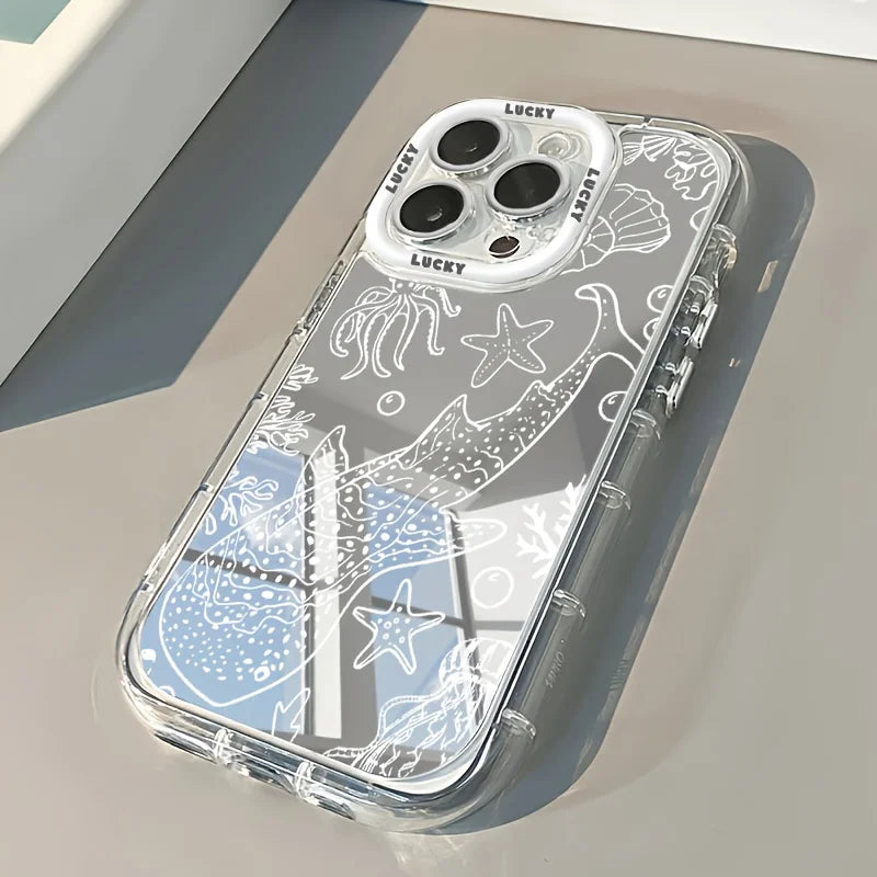 Simple Line Whale Mirror Phone Case For iPhone 16 17 15 14 13 12 11 Pro Max 16E 17E 7 8 Plus XR X XS Max Marine Elements Cover