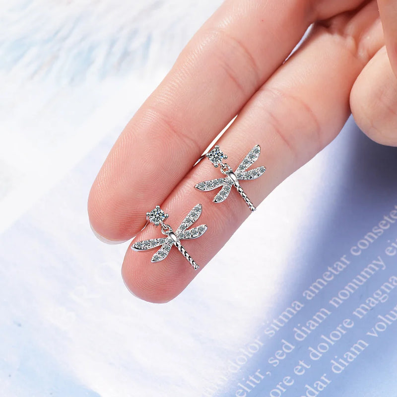Sterling Silver Dragonfly Zircon Stud Earrings for Women - Elegant