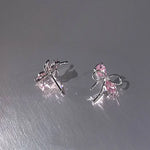 Sterling Silver Pink Bow Zircon Stud Earrings for Women - Wedding