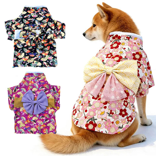 Japanese Pet Kimono Bow Fan Print Puppy Dog Clothes Small Dogs Corgi Shiba Inu Shetland Cat Dresses Pet Clothing