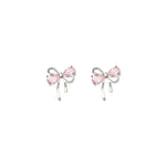 Sterling Silver Pink Bow Zircon Stud Earrings for Women - Wedding
