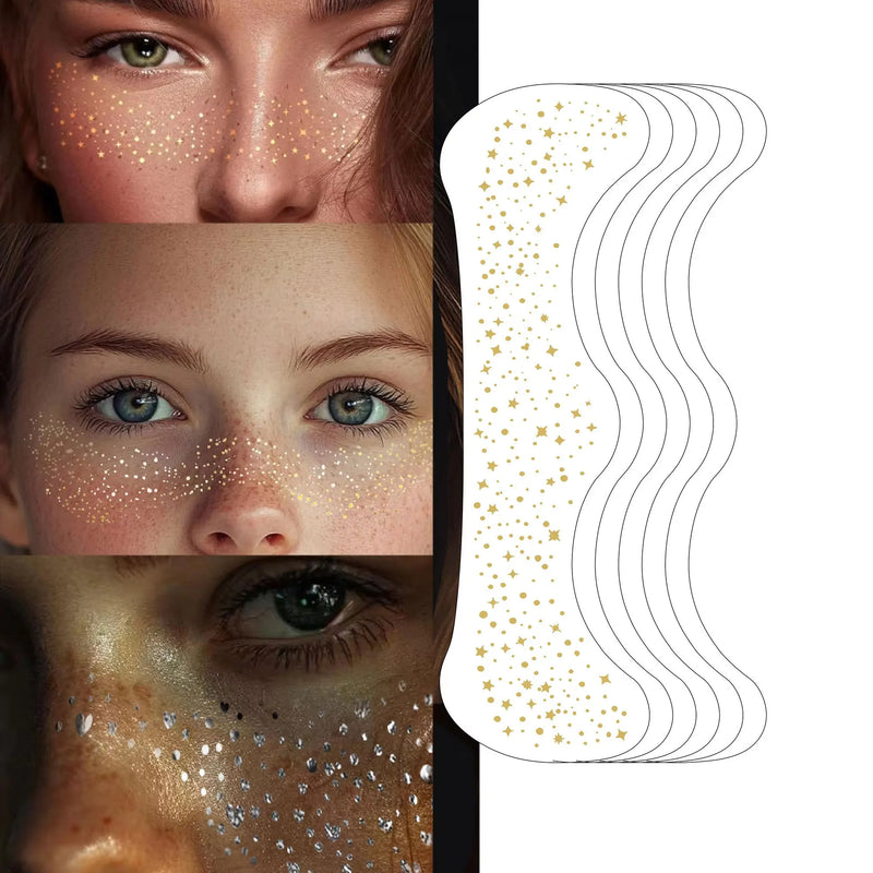 6pcs Fake Freckle Stickers for Women Waterproof Golden Silver Glitter Temporary Tattoos for Face Makeup Holiday Music Party