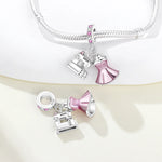 925 Sterling Silver Sewing Machine Pink Dress Charm Pendant
