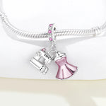 925 Sterling Silver Sewing Machine Pink Dress Charm Pendant