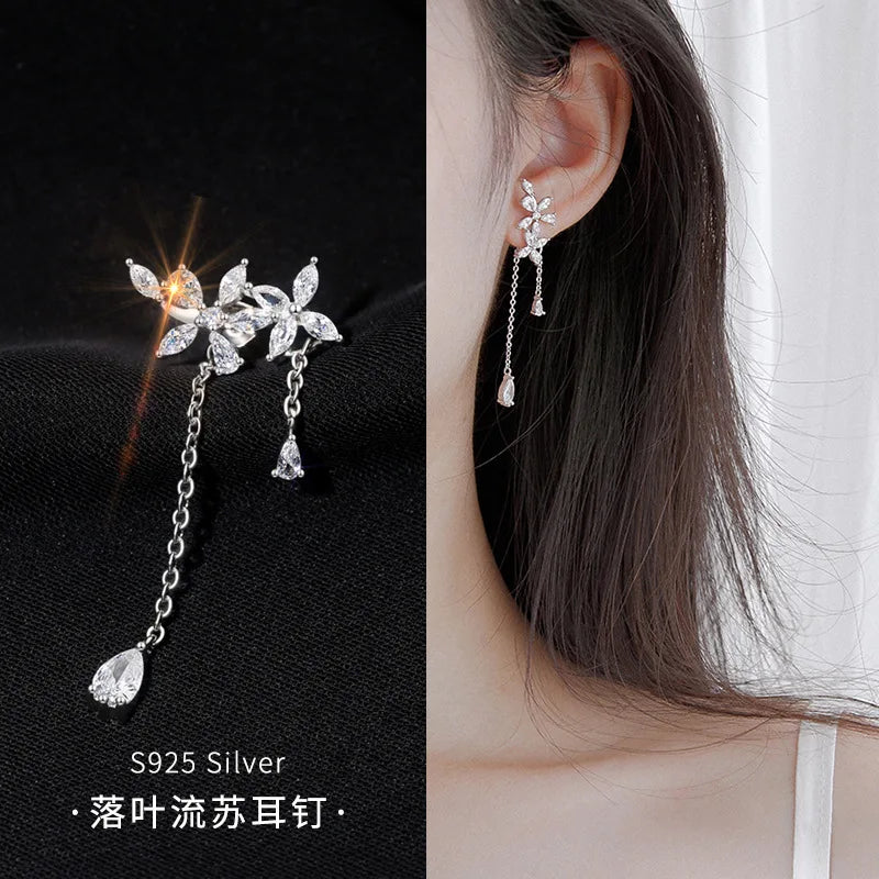 Sterling Silver Zircon Flower Tassel Earrings for Women - Vintage