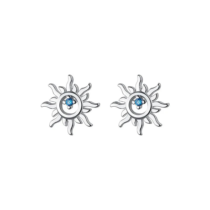 Sterling Silver Blue Zircon Sun Stud Earrings for Women - Hypoallergenic