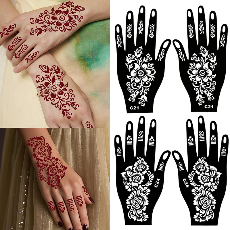 2pcs Reusable Henna Tattoo Stencils Flower Tattoo Template for Women Hand Fingers Painting Henna Stencil for Wedding Festival