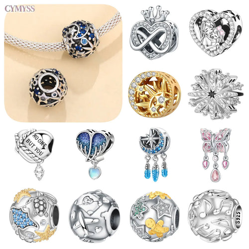 925 Sterling Silver Star Moon Sun Cross Heart Charm Bead Set