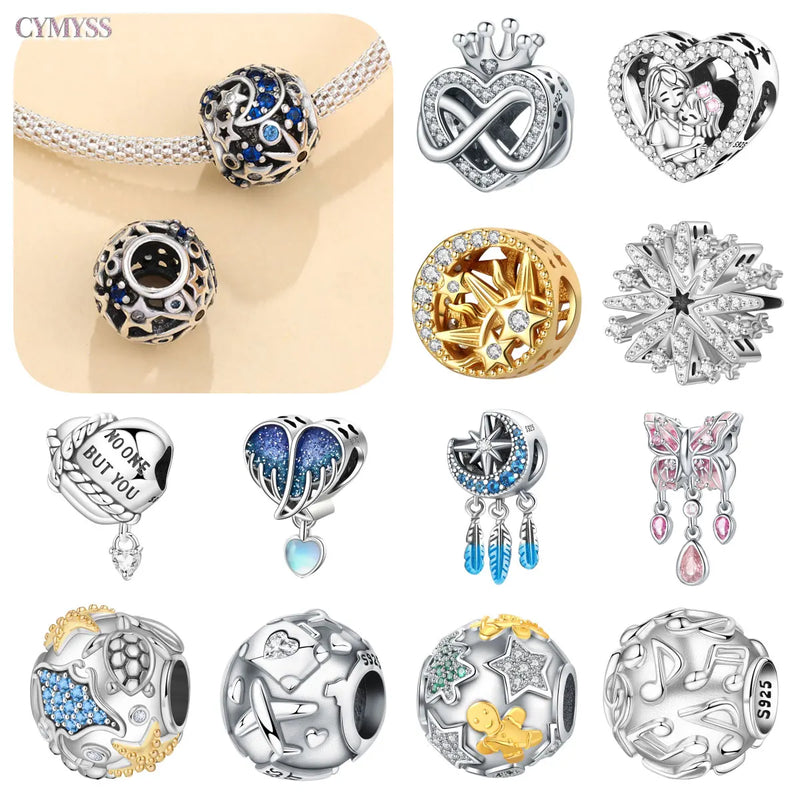 925 Sterling Silver Star Moon Sun Cross Heart Charm Bead Set