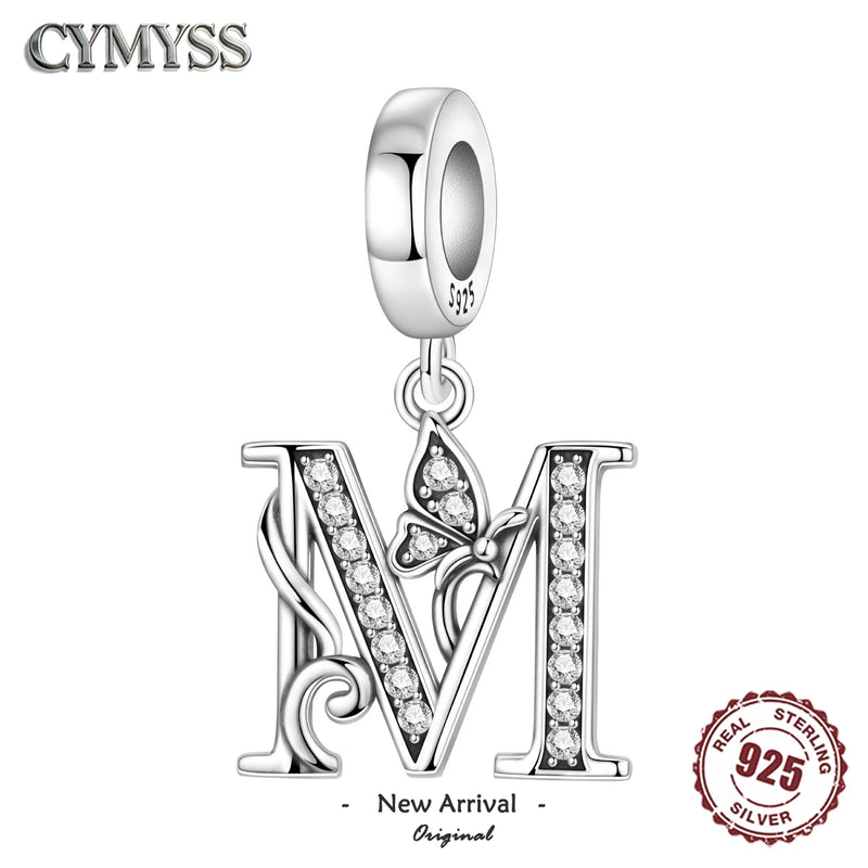 925 Sterling Silver Zircon Alphabet Letter Dangle Charm Bead