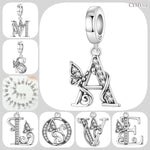 925 Sterling Silver CZ Butterfly Alphabet Letter Charm Bead