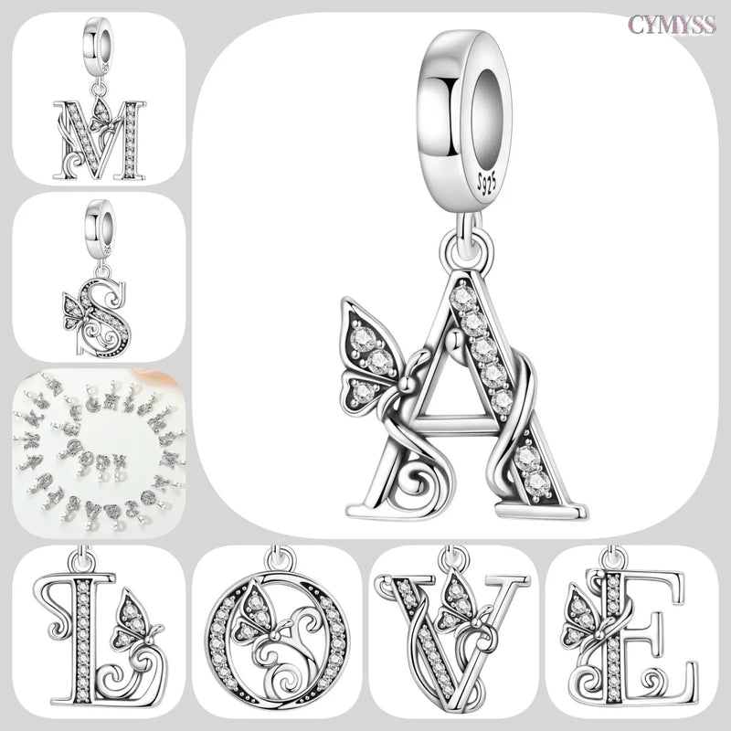 925 Sterling Silver CZ Butterfly Alphabet Letter Charm Bead