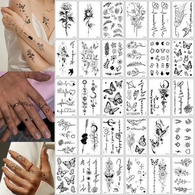 30pcs Disposable Small Tattoo Stickers for Women Men Flowers Moon Heart Temporary Tattoos for Hand Chest Wrists Finger Body Art