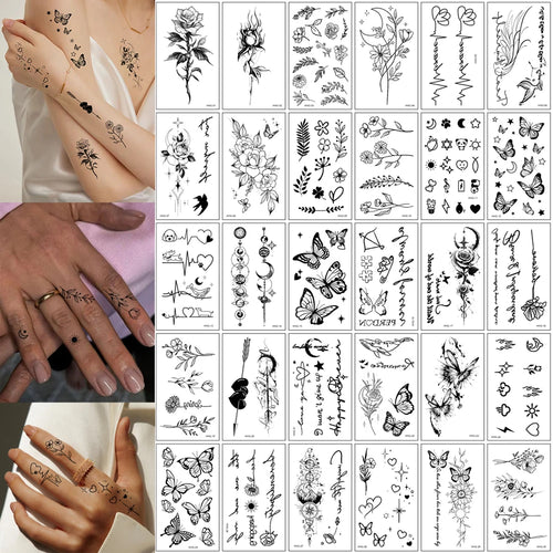 30pcs Disposable Small Tattoo Stickers for Women Men Flowers Moon Heart Temporary Tattoos for Hand Chest Wrists Finger Body Art