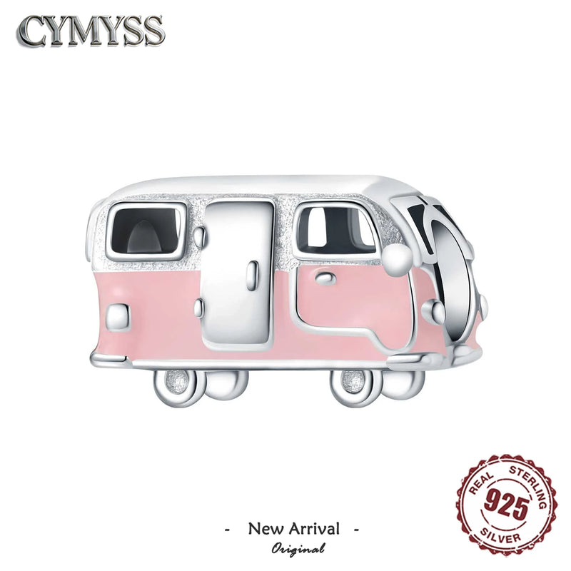 925 Sterling Silver Pink Heart Camper Van Charm Bead