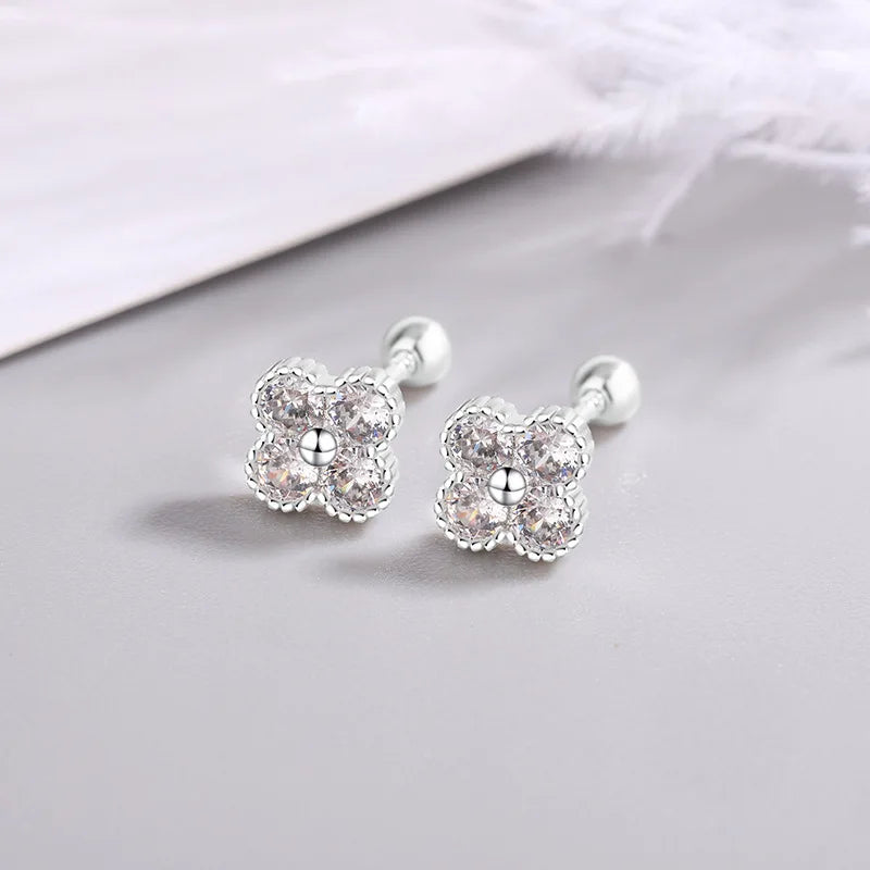 Sterling Silver Four Round Zircon Stud Earrings for Women - Elegant